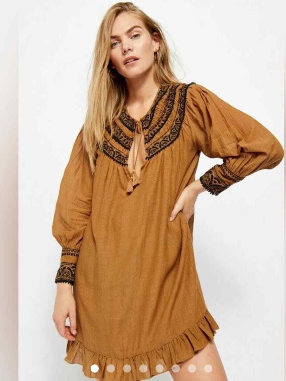 Free People Brown-Tan Embroidered Boho Mini Dress